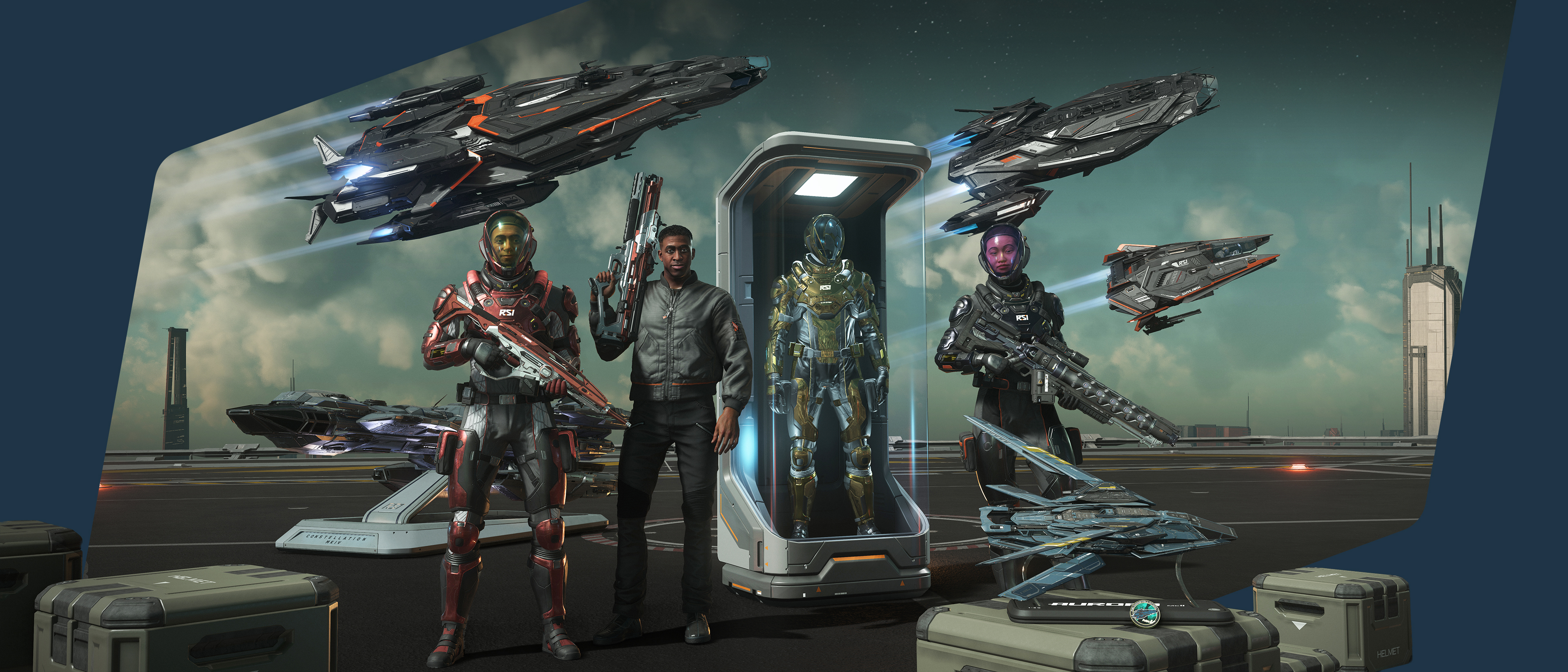 Official digital item lineup showing Venture suits, RSI jacket, weapons, Starwalker spacecraft paints and in-game display decorations