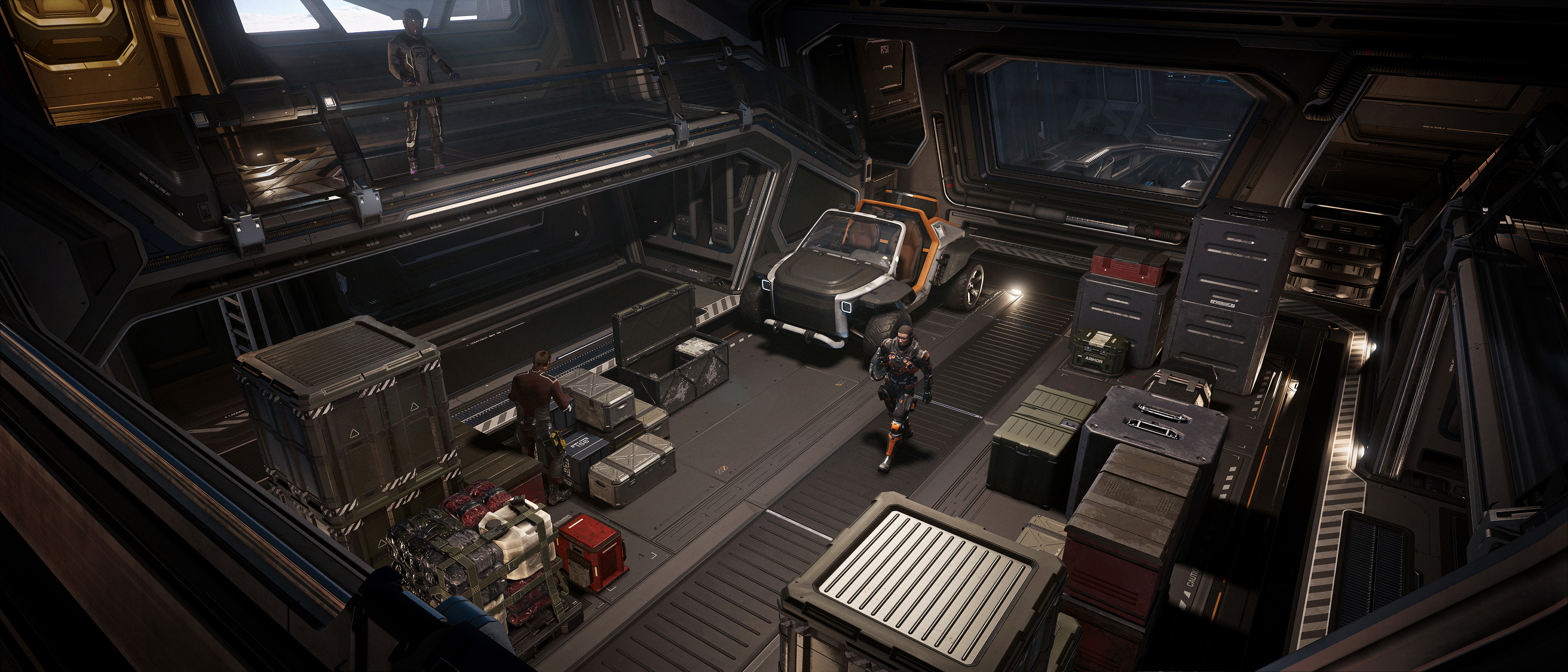 Centaurus cargo bay with containers, a ground vehicle and an upper walkway
